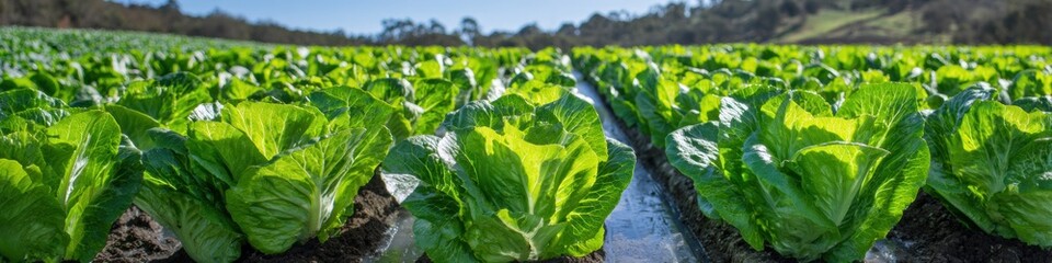 Rows of fresh green lettuce growing on a fertile organic farm under bright morning sunlight for agricultural production and healthy food distribution concepts