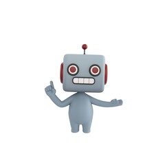 Naklejka premium Cute 3D render Robot character explaining with one hand open to the side and the other hand pointing up, confident and informative mascot style, isolated on white background.