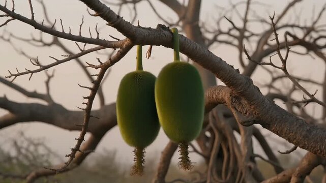 Two fuzzy green baobab fruits hang from the branches of a large, ancient Baobab tree at sunset.
