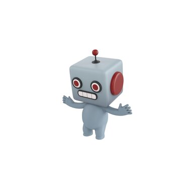 Cute 3D render Robot character standing still and reacting with surprise to something in front, shocked and expressive mascot style, isolated on white background.