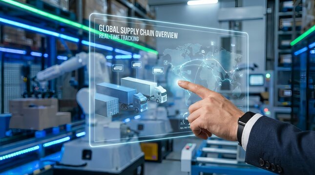 Businessman interacting with global supply chain overview on transparent screen
