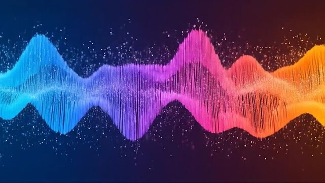 Vibrant abstract sound wave visualization with colorful particles on a dark