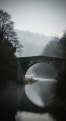 Obraz premium Misty River Landscape with Old Stone Bridge.