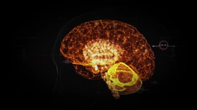 Animated brain scan with glowing orange and yellow neurons