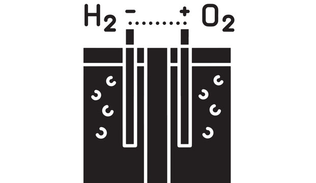 Fuel cell diagram with hydrogen and oxygen reaction, black and white illustration featuring energy, power, technology with scientific and chemistry elements for electrolysis, electrochemical