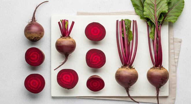 Fresh beetroot with deep red purple skin and vibrant flesh, shown whole and sliced. A nutritious root vegetable rich in antioxidants, commonly used in salads, juices, and healthy diets.