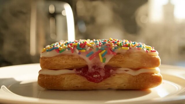 A delicious layered pastry with colorful sprinkles and sweet jam filling sits