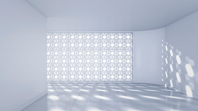 Modern bright interior with geometric pattern window and sunlight