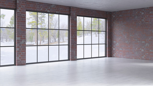 Spacious modern holiday apartment interior with brick wall and large windows