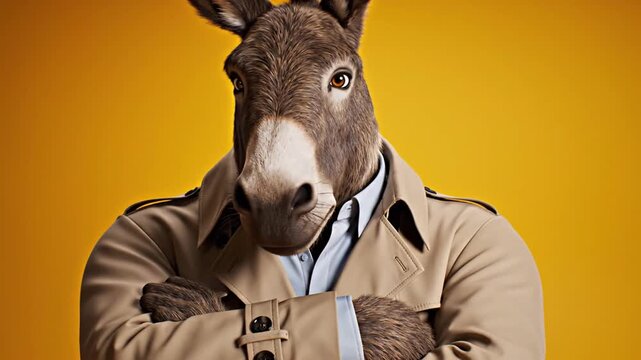 Anthropomorphic donkey wearing trench coat on orange background