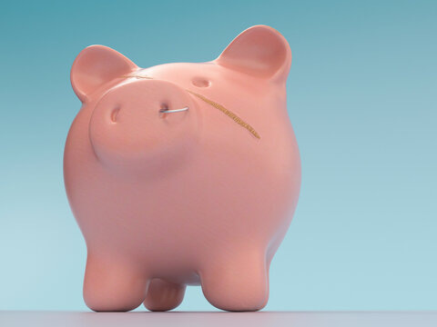 Piggy bank with scar and piercing symbolizing finance care and fun