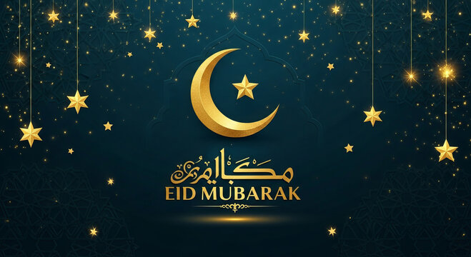 Golden crescent moon with star and islamic calligraphy on dark emerald background with hanging stars for eid mubarak holiday celebration greeting card template