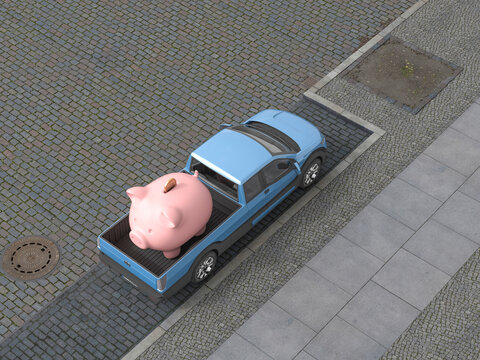 Piggy bank in pickup truck on urban street symbolizes financial safety