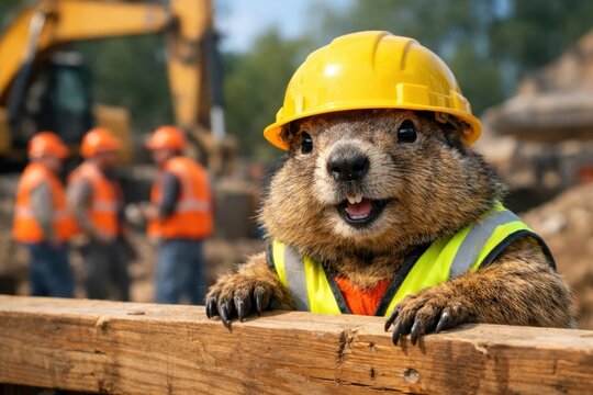 Funny cute marmot construction worker peeking over wooden plank. Happy smiling animal builder in yellow hard hat at building site