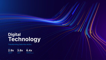 Technology Big Data Flow Background with AI Particles and Digital Stream Lines. Futuristic Data Science Concept. Tech Business Presentation or Annual Report Template. Vector Illustration.