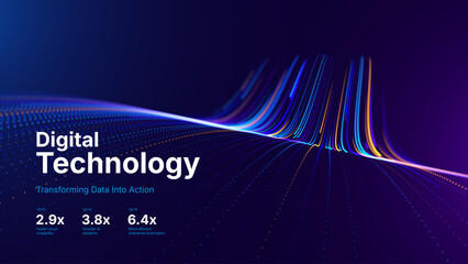 Obraz premium Technology Big Data Flow Background with AI Particles and Digital Stream Lines. Futuristic Data Science Concept. Tech Business Presentation or Annual Report Template. Vector Illustration.