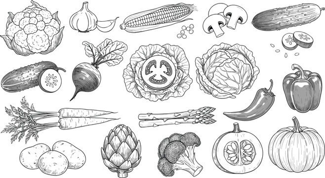 Hand drawn vegetable set with cabbage carrot corn pepper pumpkin and organic farm produce illustration