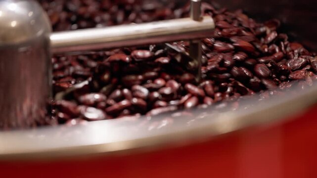 Chocolate production, process of roasting cocoa beans in industrial roaster.