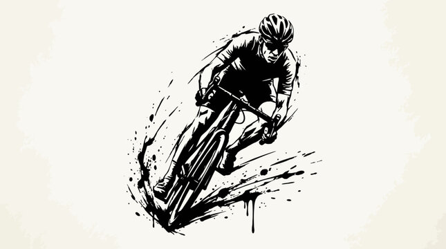 Dynamic black and white illustration of a cyclist in full sprint, capturing the intensity of competitive road racing