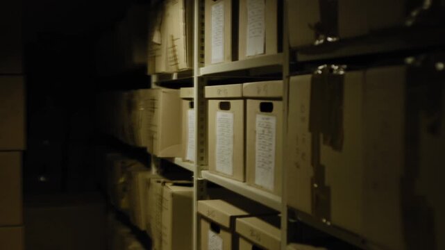 Dark case file room with boxes