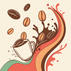 Retro Coffee Splash Illustration with Beans and Mug