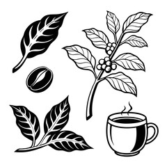 Coffee Plant Elements and Hot Beverage Mug - Black and White