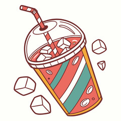 Iced Coffee Drink with Ice Cubes and Straw - Colorful Vector