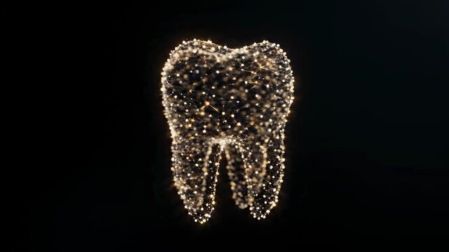 A futuristic digital tooth formed entirely from glowing light nodes and interconnected golden lines, floating in a dark black background. 