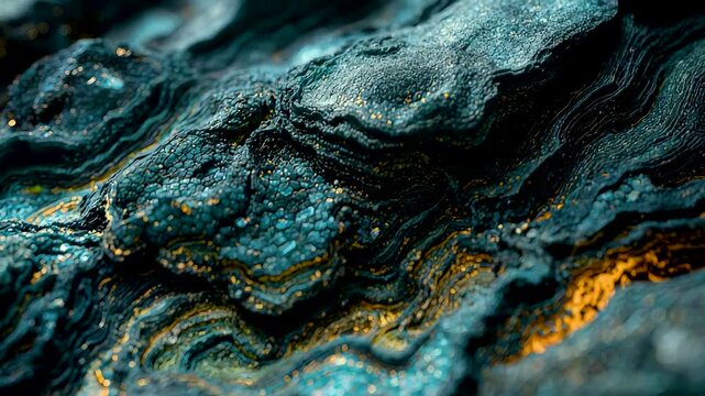 Dark Mineral Rock Texture with Layered Geological Patterns and Subtle Golden Highlights in Natural Stone Surface Detail