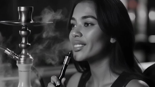 Striking Black and White Portrait of a Young Woman Smoking Shisha