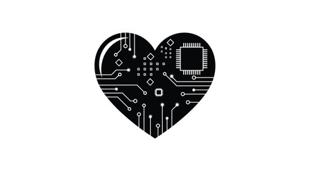 A black heart shape containing circuit board and microchip elements