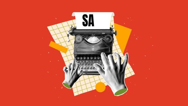 Sale banner. Halftone hands typing on an old typewriter. Creative for sale, marketing. Author writes the word Sale on a vintage typewriter. Journalism and copywriting concepts. Collage animation