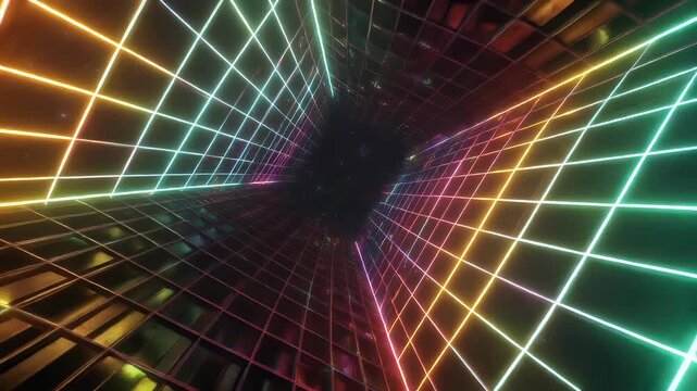 An infinite neon grid tunnel receding into a starry black void.