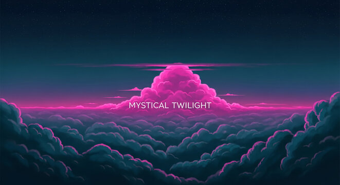 Digital artwork of pink cumulus cloud under starry sky, creating a dreamy and ethereal ambiance, representative of fantasy, imagination, and twilight hour