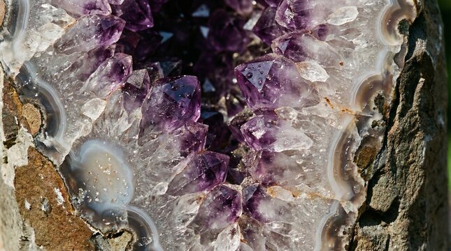 A macro photograph of the interior of a split amethyst geode, showing sharp purple crystals and translucent quartz.