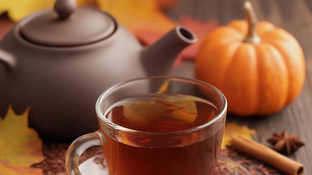 Warm cup of Rooibos tea surrounded by autumn spices and foliage on wood.