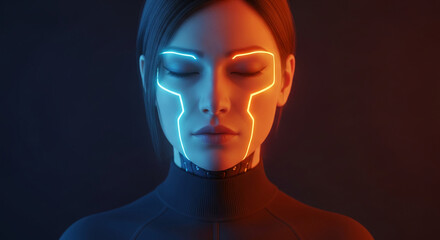 Fototapeta premium Close-up of a person with closed eyes, illuminated by glowing blue and red lines on face, suggesting technology, future, and dualism concept