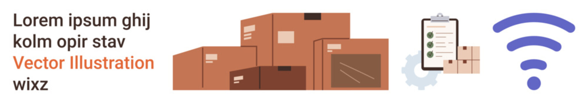 E-commerce, supply chain, shipment, inventory management, delivery tracking, logistics technology. Packed boxes, checklist gears and a wireless symbol. E-commerce and supply chain concept