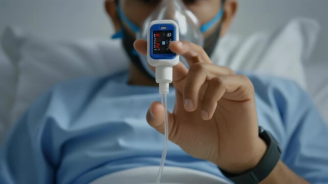 Patient with Oxygen Mask Checks Pulse Oximeter Reading in Hospital Bed