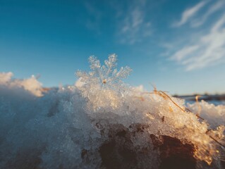 Single crystal snowflake resting on a natural snowdrift with soft winter light, perfect for holiday branding and seasonal social media backgrounds with copy space