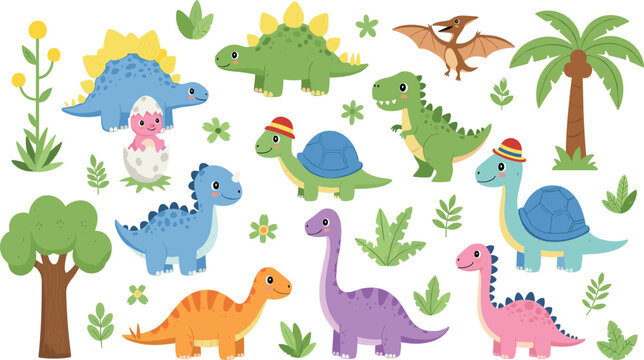 Kawaii dinosaur and jungle nature vector set with T-Rex Brachiosaurus and palm tree for nursery decor and kids educational branding