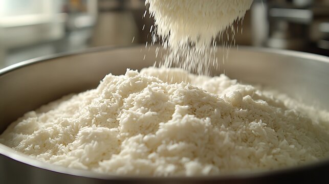 Falling flour into metal bowl.