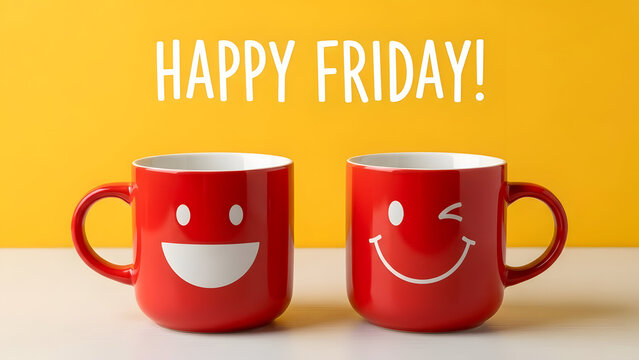 Two smiling mugs on a yellow background with happy friday greeting