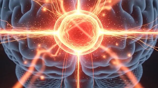 Abstract representation of a human brain with glowing energy at its core