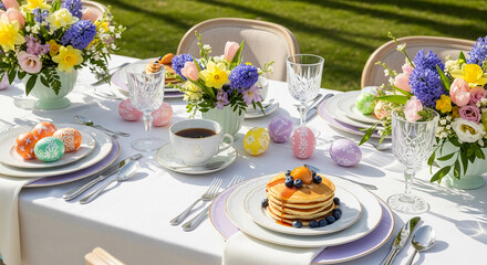 Fototapeta premium Outdoor table setting with decorated eggs, pancakes and floral centerpiece, representing a celebratory meal, perhaps Easter brunch, in a sunny garden setting