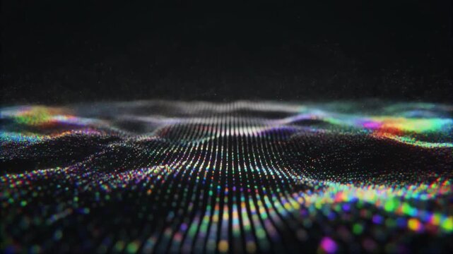 Futuristic holographic particle grid wave digital data landscape motion loop