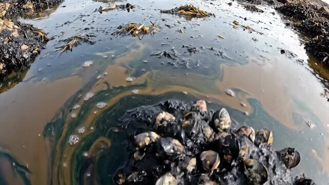 Mussels Clinging to Oiled Rock in a Polluted Tidepool on the Seashore