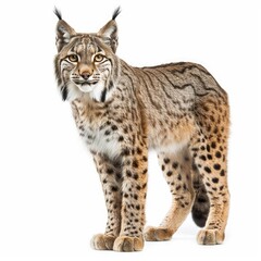 Fototapeta premium Eurasian lynx standing and looking forward on a white background