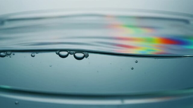 Macro water surface with droplets and prism light reflection cinematic liquid background loop