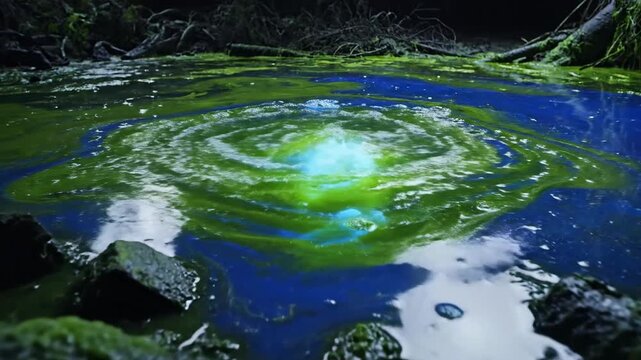 Stagnant swamp pools exhibit striking unnatural bioluminescence creating an eerie swirling vortex of vibrant green and blue light